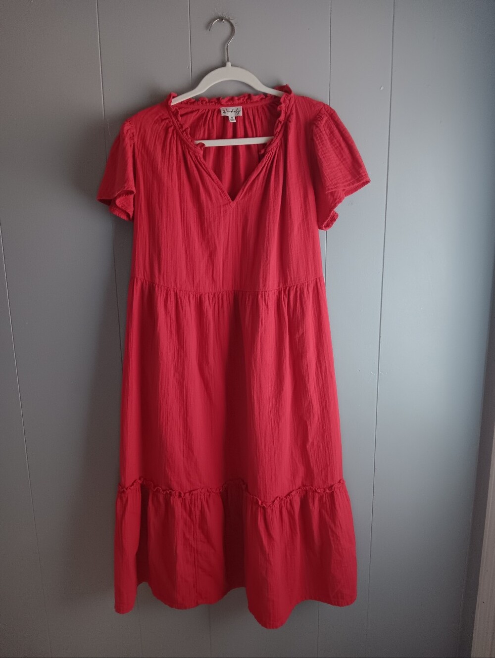 Wonderly Women’s Red Cotton Midi V-Neck Dress Size M